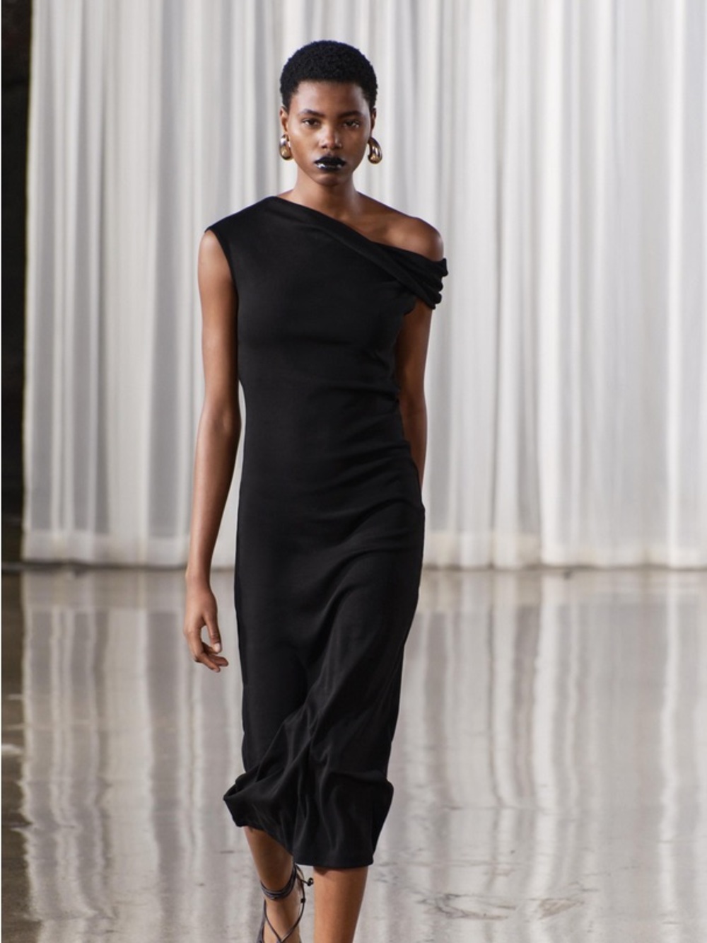 Zara Black Asymmetrical Midi Dress Size L NWT